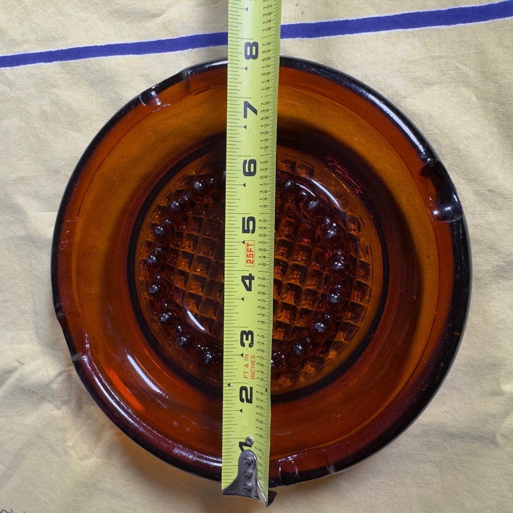 Vintage Amber Glass Ashtray Round Mid Century Modern Diamond Point 7.25 Inch - Picture 3 of 3